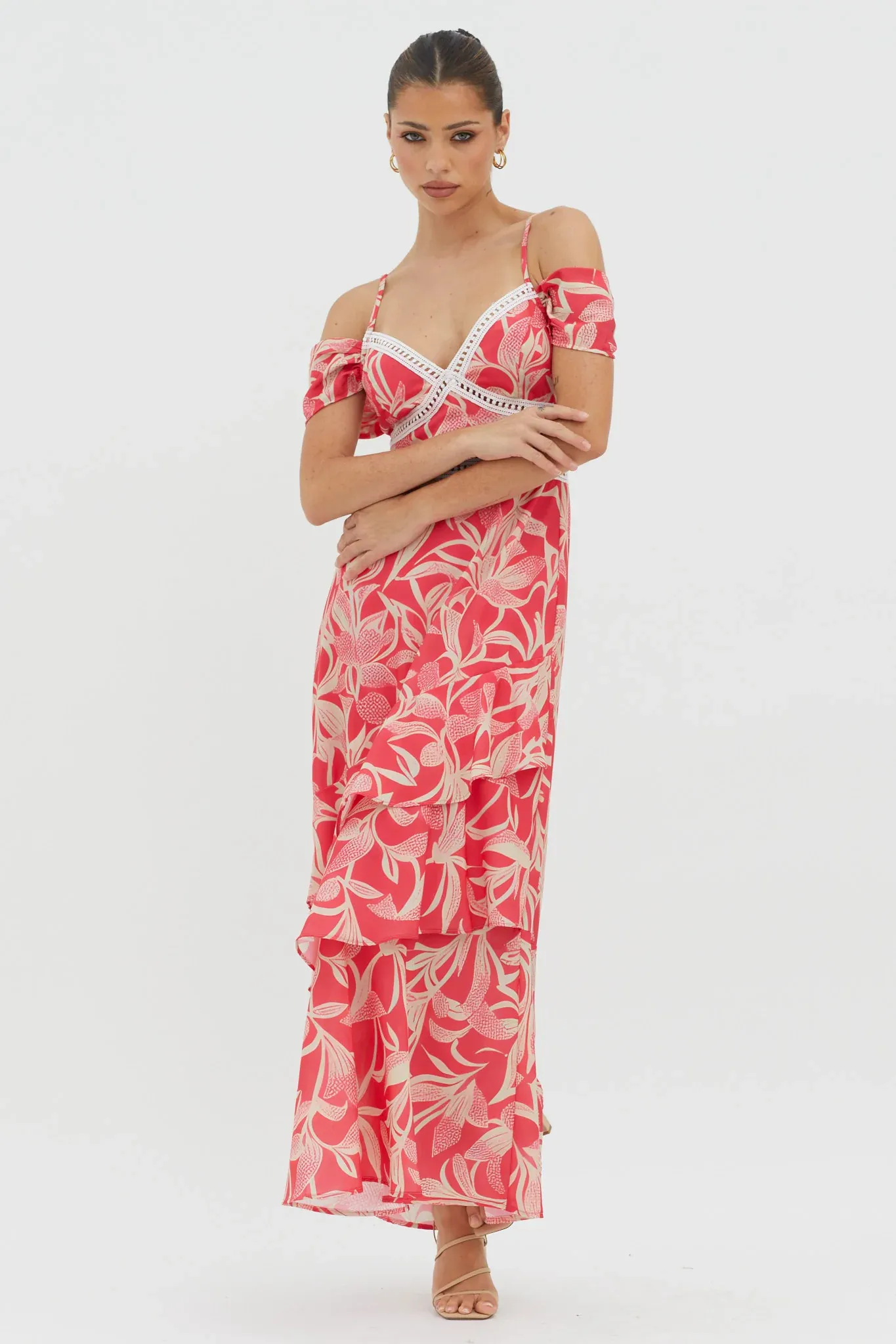 Seina Off-Shoulder Crochet Trim Dress Print Red
