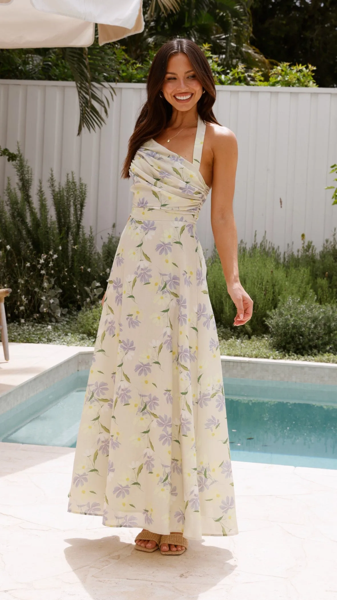 Sharya Halter Neck Maxi Dress - Lemon Floral