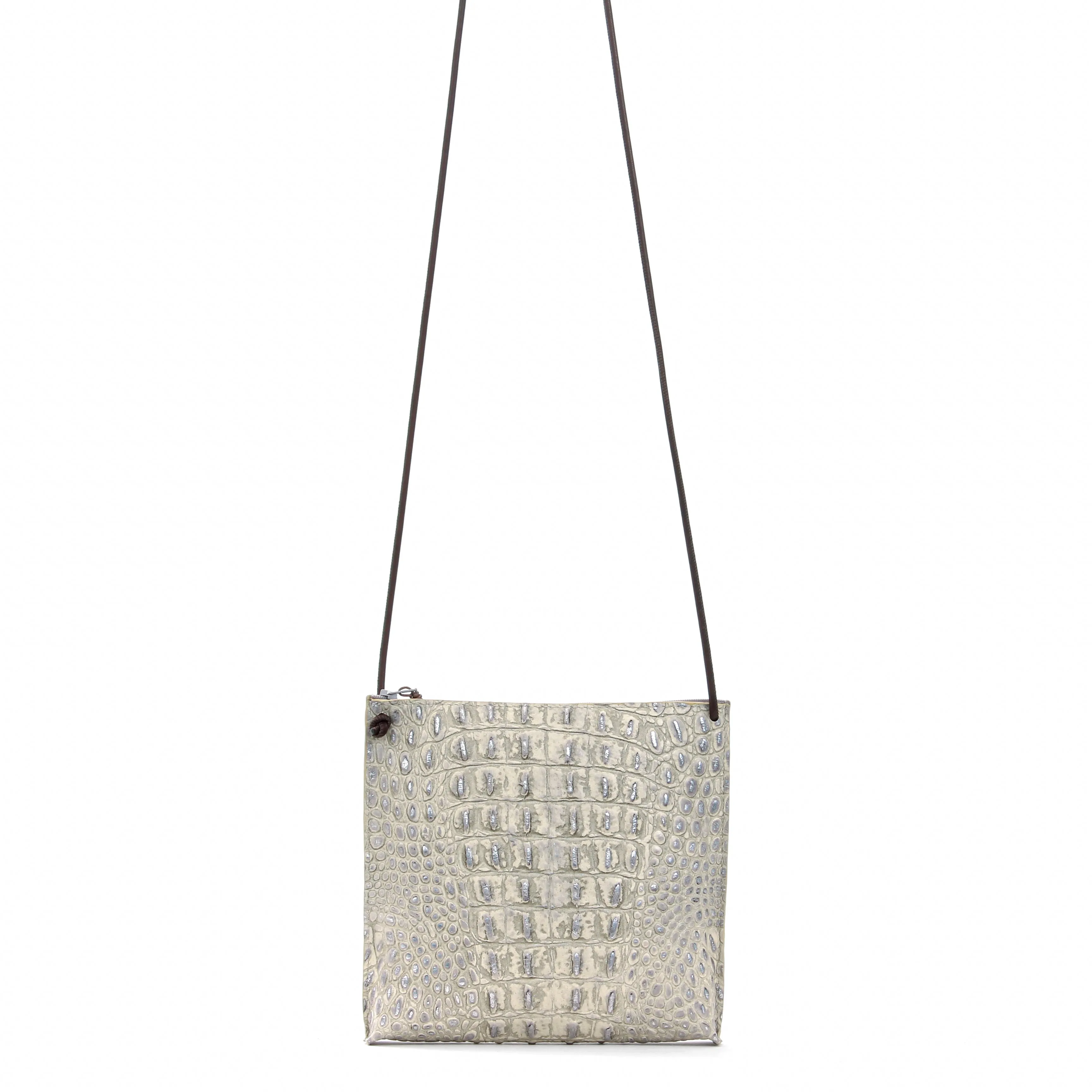 STRAPPY POUCH PLATINUM STONE EMBOSSED CROC
