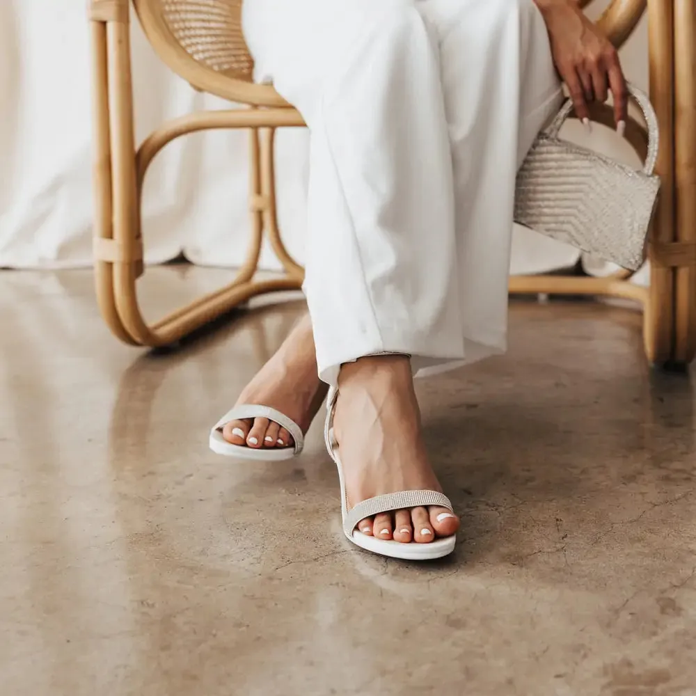 The Brenna White Leather Rhinestone   Block Heel Kit 4 White - Final Sale