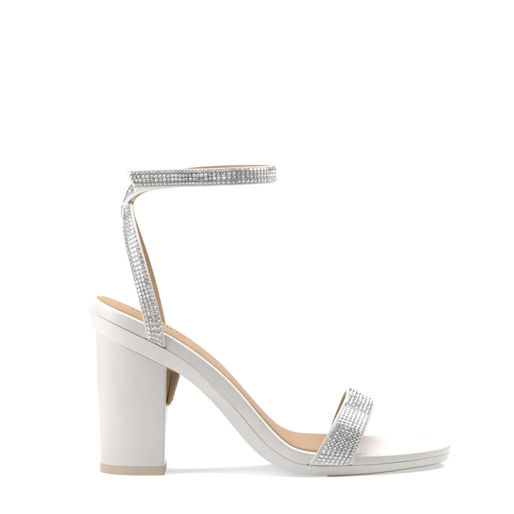 The Brenna White Leather Rhinestone   Block Heel Kit 4 White - Final Sale