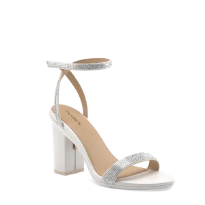 The Brenna White Leather Rhinestone   Block Heel Kit 4 White - Final Sale