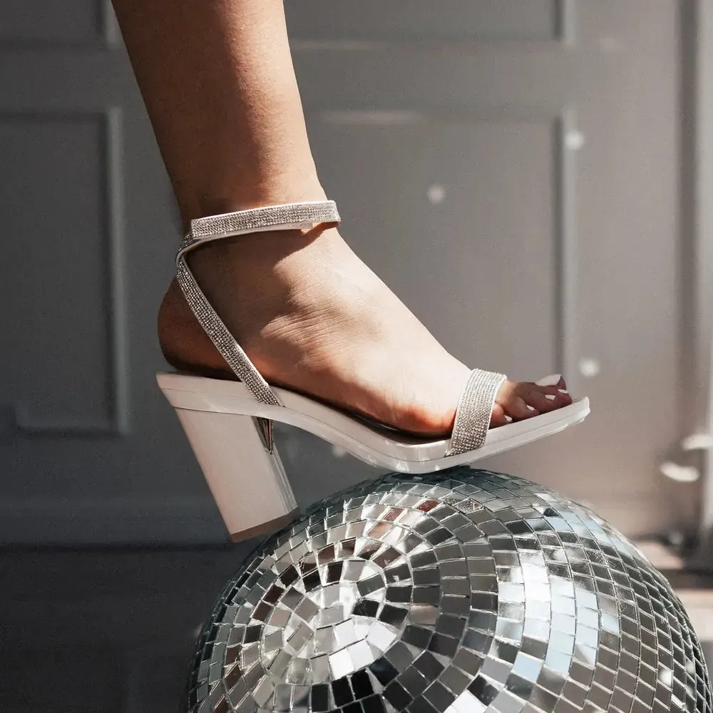 The Brenna White Leather Rhinestone   Block Heel Kit 4 White - Final Sale