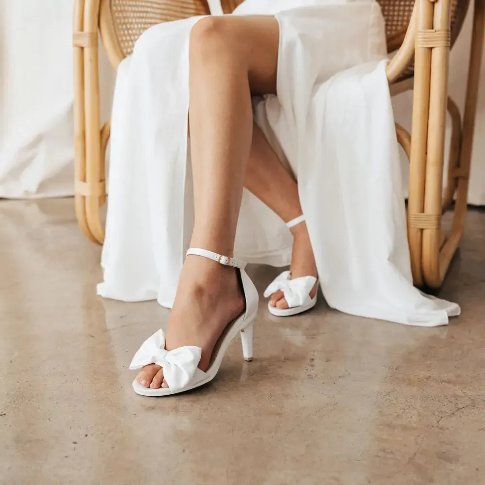The Pashionista - White Satin Bow   Block Heel Kit 3 White - FINAL SALE