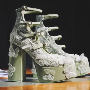 Wild Lotus Butterfly Lace Platform Heels - Green
