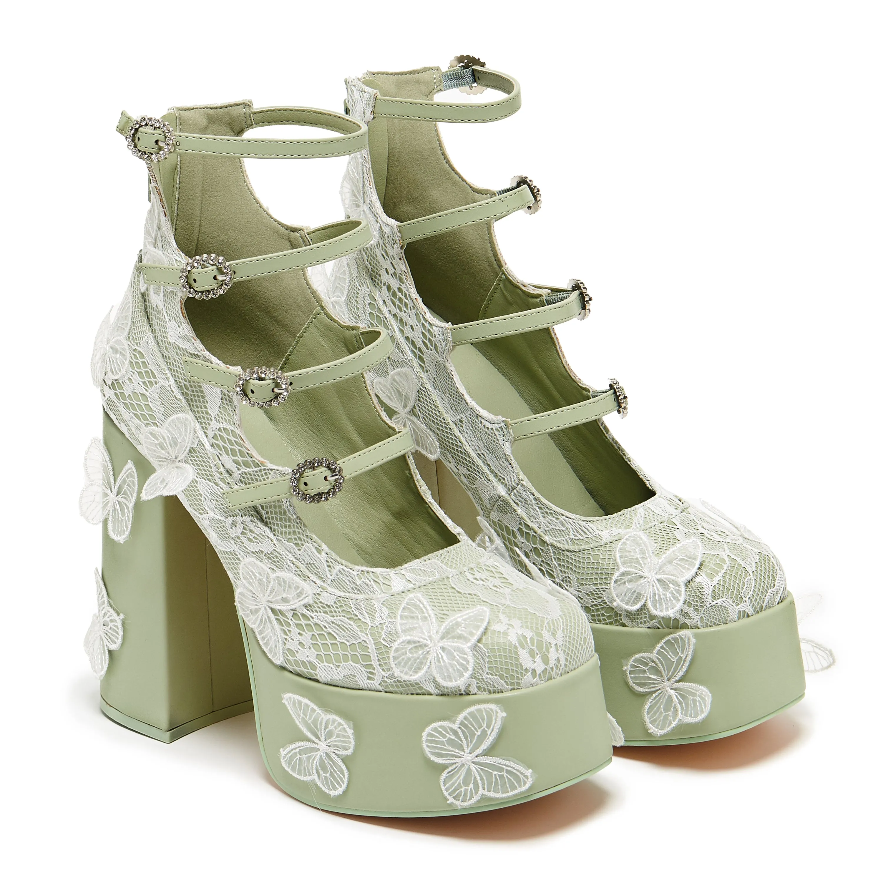 Wild Lotus Butterfly Lace Platform Heels - Green